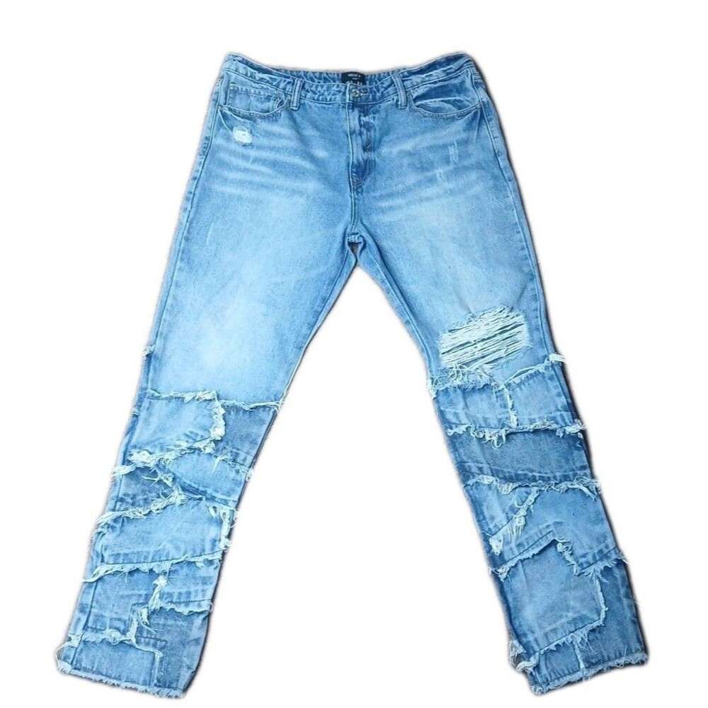 Forever 21 Slim Jeans Mens 38‎ Blue Distressed Patchwork Frayed Raw Hem